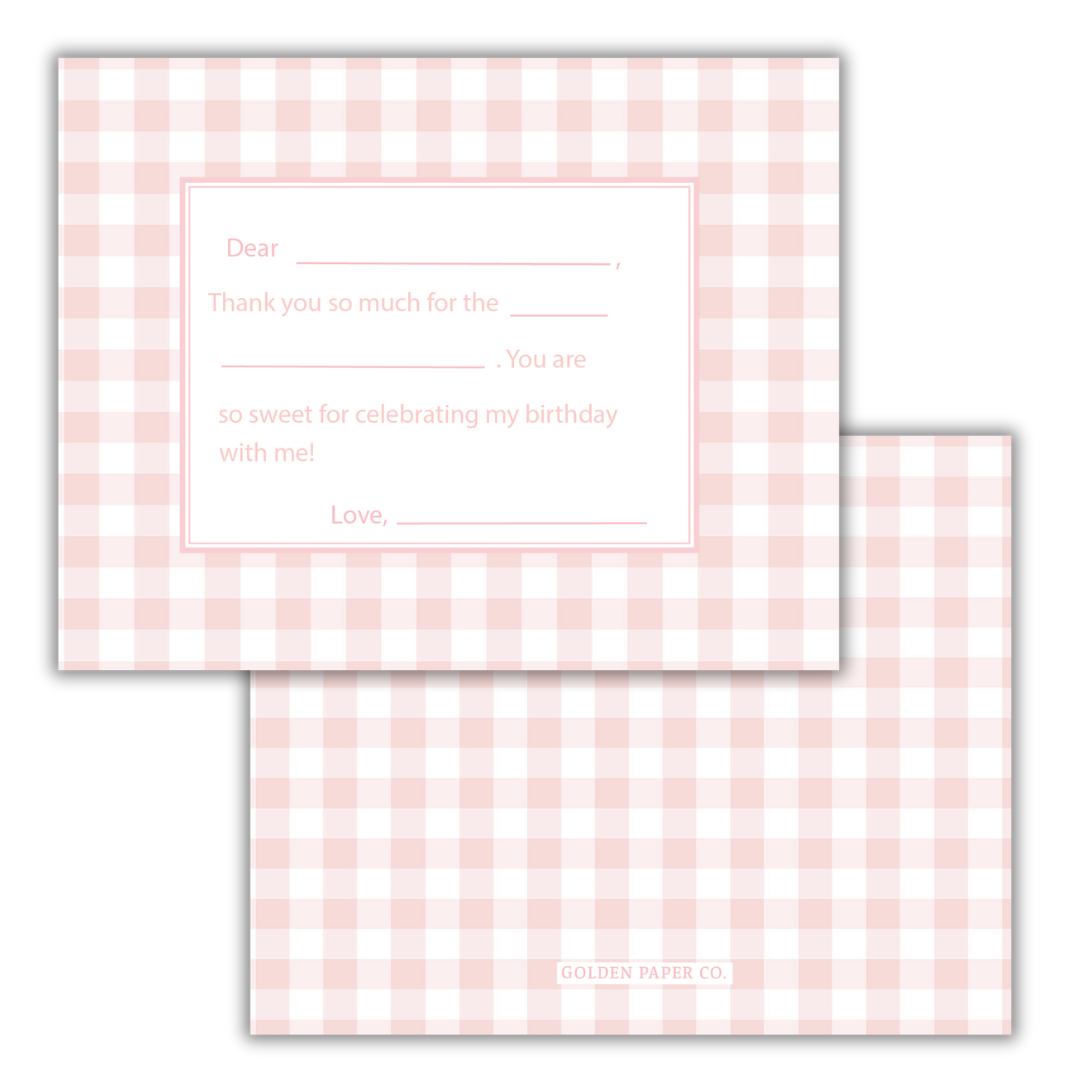 Pink Gingham Thank You Card- Set of 10
