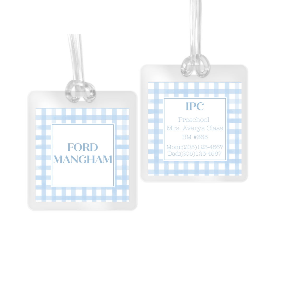 Blue Gingham Laminated Bag Tag