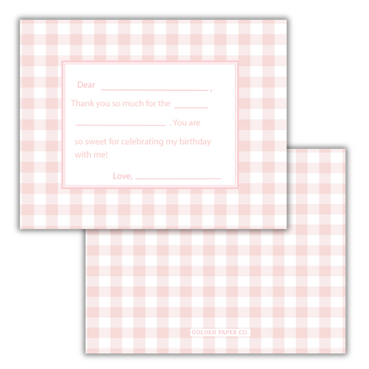 Pink Gingham Thank You Card- Set of 10